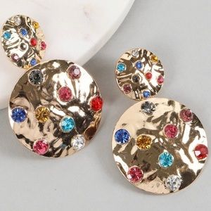 LUNA STAR Round Hammered Metal Dangling Earrings with Colored & Clear Stone